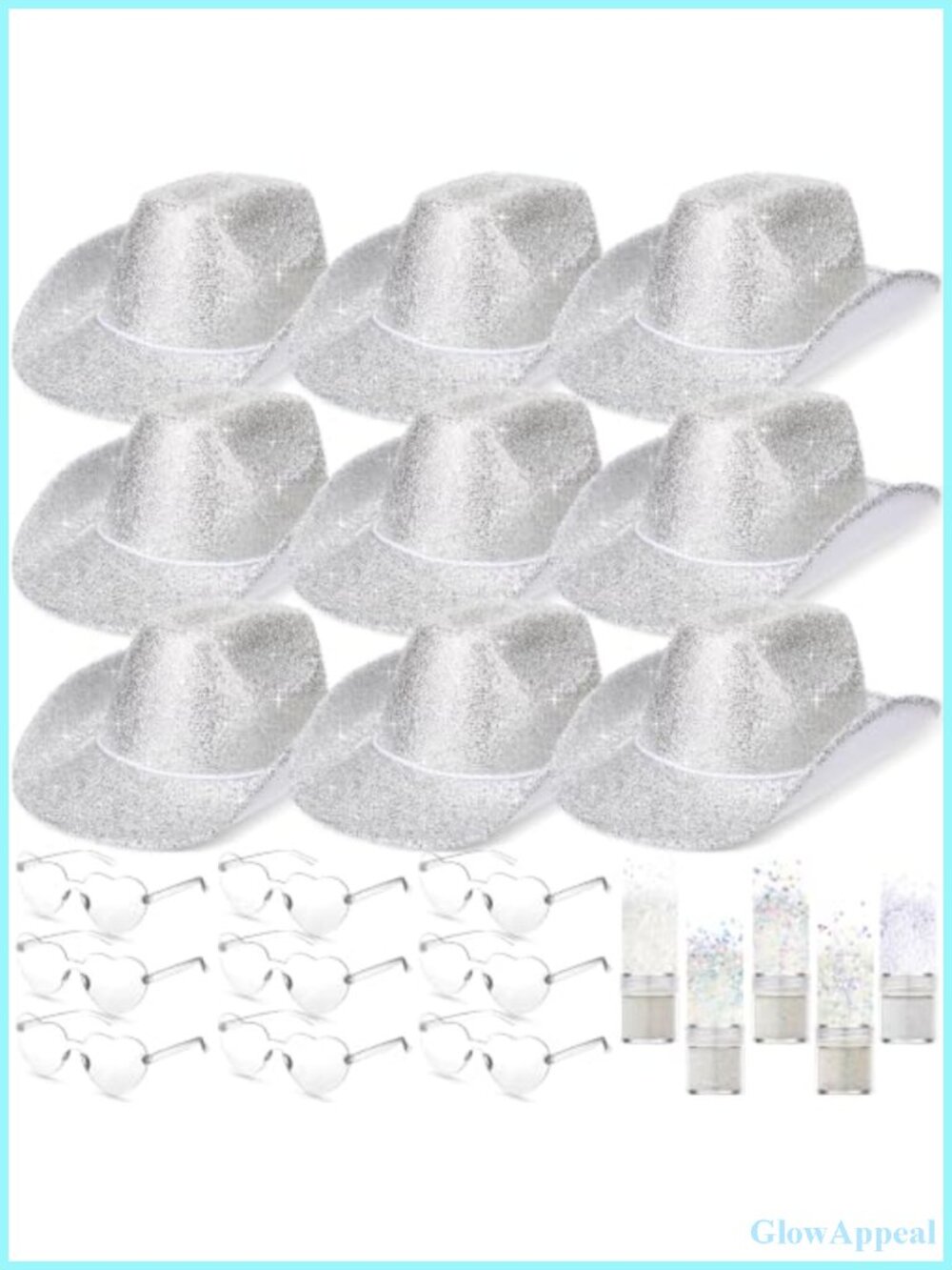 23pc Chunky Glitter Cowgirl Hats & Heart Sunglasses Party Set